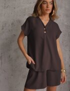 defox Set Gri închis cu Vâscoză Tricou cu Nasturi Decorativi și Pantaloni scurți Niterela