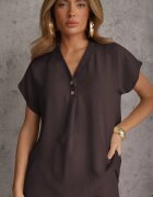 defox Set Gri închis cu Vâscoză Tricou cu Nasturi Decorativi și Pantaloni scurți Niterela