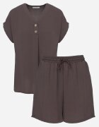 defox Set Gri închis cu Vâscoză Tricou cu Nasturi Decorativi și Pantaloni scurți Niterela