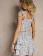 defox Set Mov Imprimeu Floral Top Legat cu Bretele și Fustă Cloș Nativirae