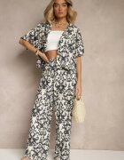 defox Set negru de viscoză cu imprimeu ornamental cămașă și pantaloni largi Sarilsa
