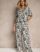 defox Set negru de viscoză cu imprimeu ornamental cămașă și pantaloni largi Sarilsa