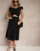 defox Set Negru din bumbac decorat cu broderie Cămașă cu mânecă scurtă și Fustă Efrurina