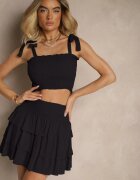defox Set Negru din Bumbac Fustă cu Volane și Top cu Fundițe Sarionae