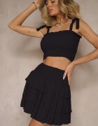 defox Set Negru din Bumbac Fustă cu Volane și Top cu Fundițe Sarionae