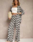 defox Set Negru din Vâscoză Cămașă și Pantaloni cu Imprimeu Ornamental Desanelia