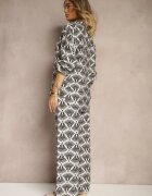 defox Set Negru din Vâscoză Cămașă și Pantaloni cu Imprimeu Ornamental Desanelia
