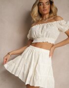 defox Set perforat din bumbac bej deschis Top scurt Fustă cu elastic în talie Igue