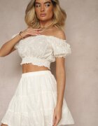 defox Set perforat din bumbac bej deschis Top scurt Fustă cu elastic în talie Igue