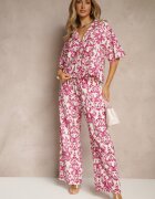 defox Set Roz Din viscoză cu imprimeu ornamental Cămașă și Pantaloni largi Sarilsa