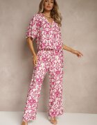 defox Set Roz Din viscoză cu imprimeu ornamental Cămașă și Pantaloni largi Sarilsa