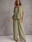 defox Set Verde Bluză și Pantaloni Largi cu Viscoză și Buzunare Efraria