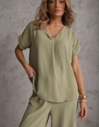 defox Set Verde Bluză și Pantaloni Largi cu Viscoză și Buzunare Efraria