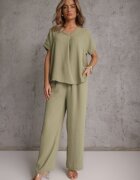 defox Set Verde Bluză și Pantaloni Largi cu Viscoză și Buzunare Efraria