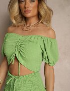 defox Set Verde deschis cu gofrare decorativă Fustă-Pantaloni scurți și Bluză tip Carmen Sarilessa
