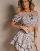 defox Set Verde-Roz Bluză spaniolă și Fustă-Pantaloni scurți Decorate cu volane Sadeviae
