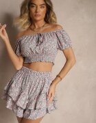 defox Set Verde-Roz Bluză spaniolă și Fustă-Pantaloni scurți Decorate cu volane Sadeviae