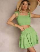 defox Set Verde Top Mulat cu Legătură și Fustă Evazată Evianea