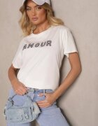 defox Tricou Alb din Bumbac cu Imprimeu cu Paiete Marivinna