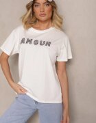 defox Tricou Alb din Bumbac cu Imprimeu cu Paiete Marivinna