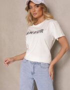 defox Tricou Alb din Bumbac cu Imprimeu cu Paiete Marivinna