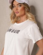defox Tricou Alb din Bumbac cu Imprimeu cu Paiete Marivinna
