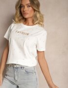defox Tricou Alb din bumbac decorat cu inscripție și cu zirconii Nalavenna