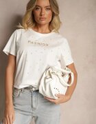 defox Tricou Alb din bumbac decorat cu inscripție și cu zirconii Nalavenna