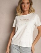 defox Tricou Alb din bumbac decorat cu inscripție și cu zirconii Nalavenna