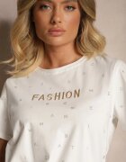 defox Tricou Alb din bumbac decorat cu inscripție și cu zirconii Nalavenna
