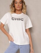 defox Tricou alb din Bumbac Decorat cu Perle și cu Textul Naloreth