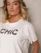 defox Tricou alb din Bumbac Decorat cu Perle și cu Textul Naloreth