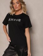 defox Tricou Negru Din bumbac Cu inscripție Cu paiete Marivinna