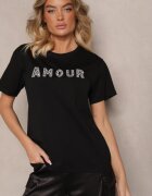 defox Tricou Negru Din bumbac Cu inscripție Cu paiete Marivinna