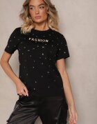 defox Tricou Negru din Bumbac Decorat cu Inscripție și Zirconii Nalavenna