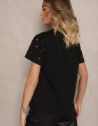 defox Tricou Negru din Bumbac Decorat cu Inscripție și Zirconii Nalavenna
