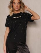 defox Tricou Negru din Bumbac Decorat cu Inscripție și Zirconii Nalavenna