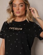 defox Tricou Negru din Bumbac Decorat cu Inscripție și Zirconii Nalavenna