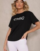 defox Tricou Negru din Bumbac Decorat cu Perle și cu Textul Naloreth