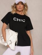 defox Tricou Negru din Bumbac Decorat cu Perle și cu Textul Naloreth