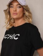 defox Tricou Negru din Bumbac Decorat cu Perle și cu Textul Naloreth