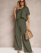  Din 2 piese Set Verde închis din viscoză Cămașă cu croială lejeră Pantaloni largi Velvitela