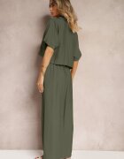  Din 2 piese Set Verde închis din viscoză Cămașă cu croială lejeră Pantaloni largi Velvitela
