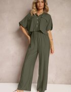  Din 2 piese Set Verde închis din viscoză Cămașă cu croială lejeră Pantaloni largi Velvitela