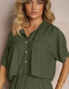  Din 2 piese Set Verde închis din viscoză Cămașă cu croială lejeră Pantaloni largi Velvitela