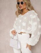 elsa.m by may Bluză Ajurată Albă cu Perle și Flori Decorative Panaly
