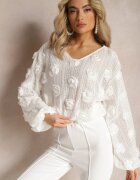 elsa.m by may Bluză Ajurată Albă cu Perle și Flori Decorative Panaly
