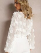 elsa.m by may Bluză Ajurată Albă cu Perle și Flori Decorative Panaly