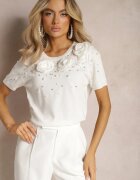elsa.m by may Bluză Albă din Viscoză Decorată cu Flori Perle și Zirconii Ullsinia