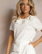 elsa.m by may Bluză Albă din Viscoză Decorată cu Flori Perle și Zirconii Ullsinia